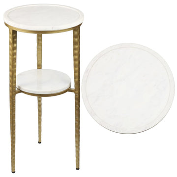 Seraphina 24.75" Industrial 2-Tier Metal Frame Drink Table and Decorative End Table with White Marble Round Top